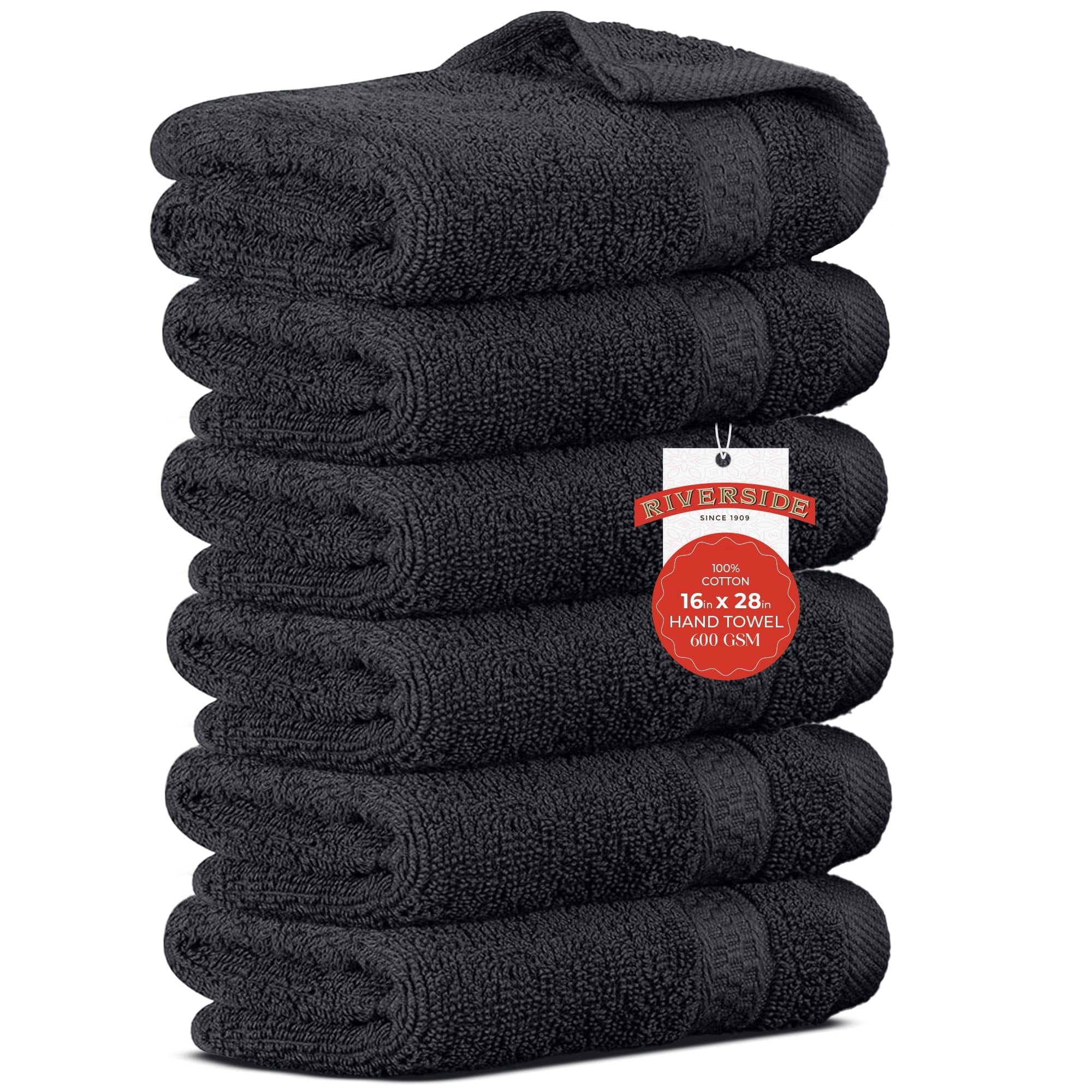 RIVERSIDE Hand Towel 6 Pack 16x28 Soft And Quick Dry Cotton Towels for Home Gym & Spa - Charcoal