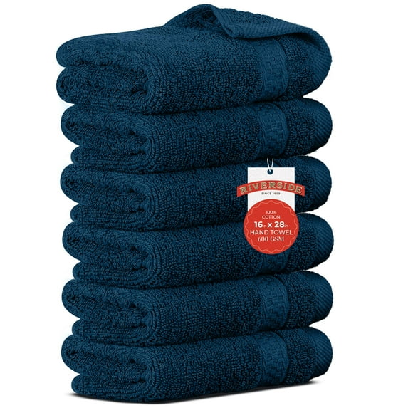 RIVERSIDE 6 Pack Hand Towels 16x28 Luxury Plush Cotton 600 GSM Absorbent Quick Dry Hotel Quality for Bathroom Spa - Dark Blue