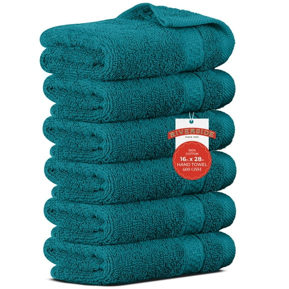 RIVERSIDE 6 Pack Hand Towels 16x28 Luxury Plush Cotton 600 GSM Absorbent Quick Dry Hotel Quality for Bathroom Spa - Teal