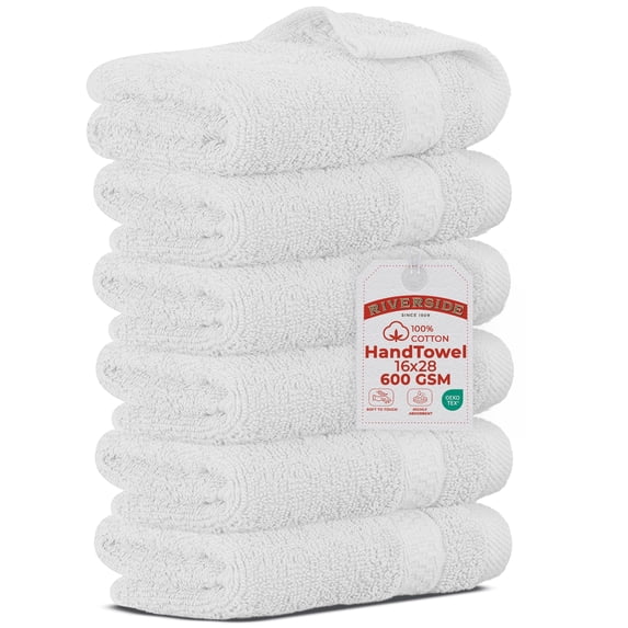 RIVERSIDE Hand Towel 6 Pack 16x28 Soft and Quick Dry Cotton Towels for Home Gym & Spa - White