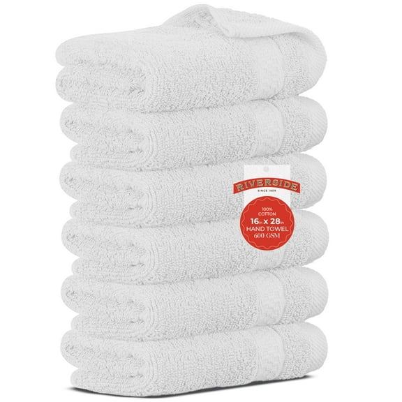 RIVERSIDE 6 Pack Hand Towels 16x28 Luxury Plush Cotton 600 GSM Absorbent Quick Dry Hotel Quality for Bathroom Spa - White