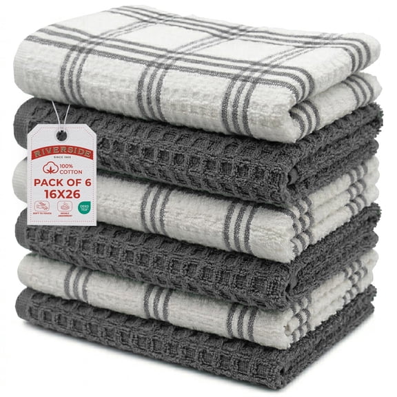 RIVERSIDE 6 Pack Kitchen Towels 16x26 Absorbent Cotton Dish Towels for Cleaning and Drying - Gray