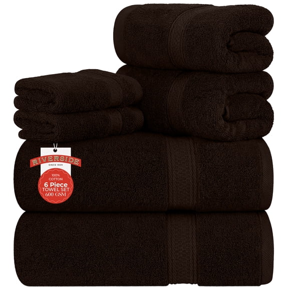 RIVERSIDE 6 Piece Towel Set Soft Quick Drying Cotton Bath Towel for Gym Spa and Bathroom - Brown