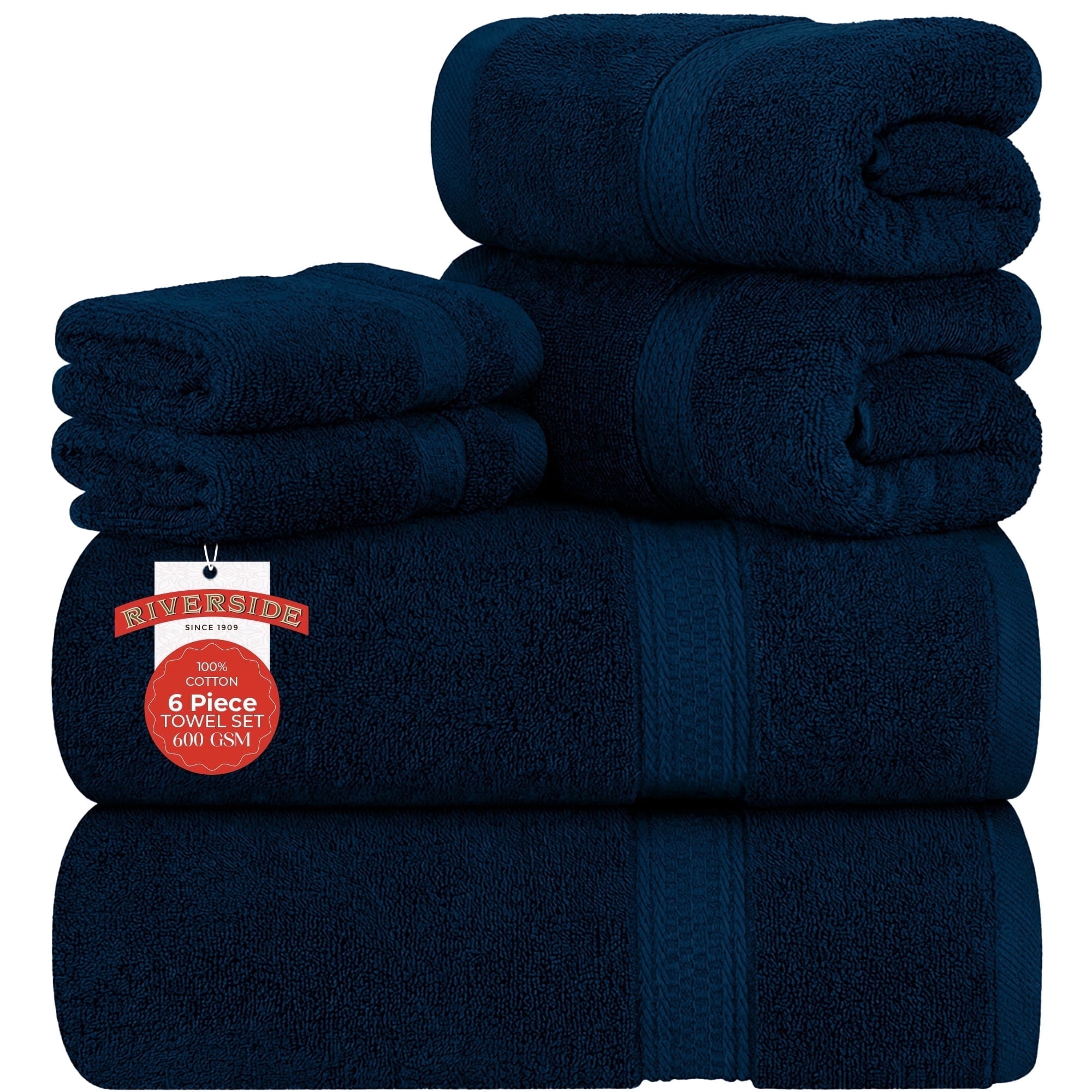 RIVERSIDE 6 Piece Towel Set Soft Quick Drying Cotton Bath Towel for Gym, Spa and Bathroom - Dark Blue