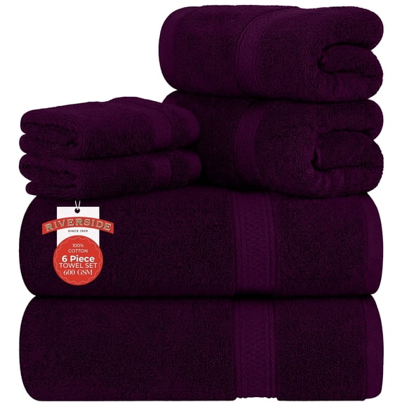 RIVERSIDE 6 Piece Towel Set Soft Quick Drying Cotton Bath Towel for Gym, Spa and Bathroom - Purple