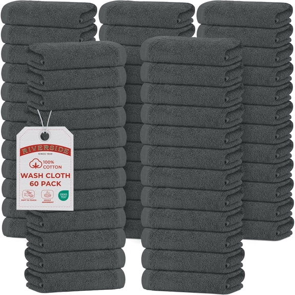 RIVERSIDE 60 Pack Washcloths 12x12 Ultra Soft Cotton Highly Absorbent Spa & Bath Wash Towels - Gray