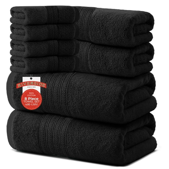 RIVERSIDE 8 Piece Cotton Towel Set 2 Bath 27x54 and 2 Hand Towels 16x28 with 4 Washcloths 12x12 Soft Absorbent - Black