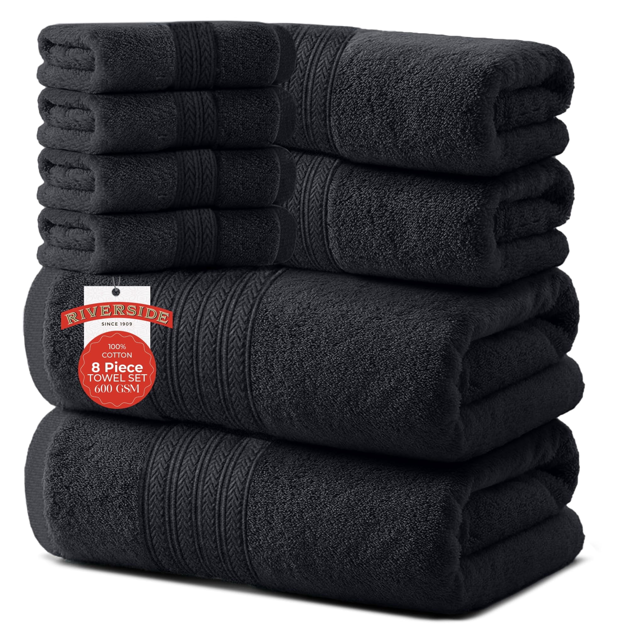 RIVERSIDE 8 Piece Cotton Towel Set 2 Bath 27x54 and 2 Hand Towels 16x28 with 4 Washcloths 12x12 Soft Absorbent - Charcoal