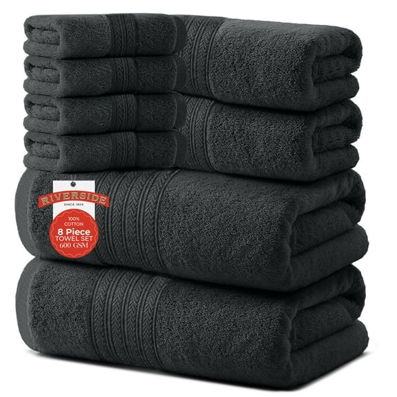 RIVERSIDE 8 Piece Cotton Towel Set 2 Bath 27x54 and 2 Hand Towels 16x28 with 4 Washcloths 12x12 Soft Absorbent - Gray