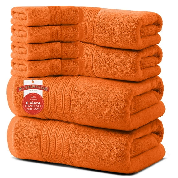 RIVERSIDE 8 Piece Cotton Towel Set 2 Bath 27x54 and 2 Hand Towels 16x28 with 4 Washcloths 12x12 Soft Absorbent - Orange