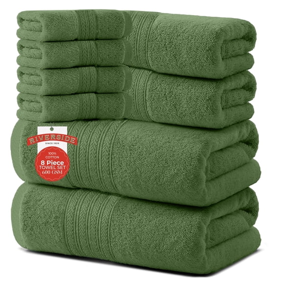 RIVERSIDE 8 Piece Cotton Towel Set 2 Bath 27x54 and 2 Hand Towels 16x28 with 4 Washcloths 12x12 Soft Absorbent - Sage