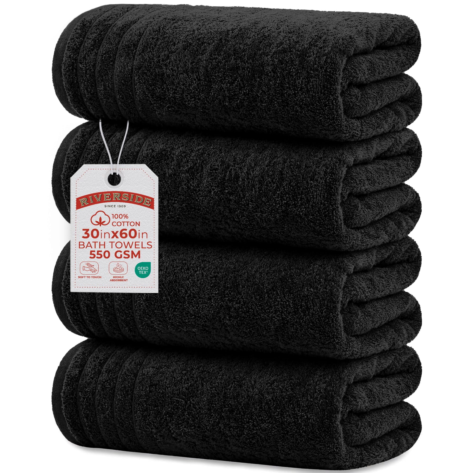 RIVERSIDE Bath Towel 4 Pack 30x60 Soft Cotton Quick Drying Large Towels for Bathroom - Black