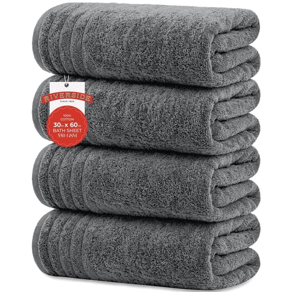 RIVERSIDE Bath Towel 4 Pack 30x60 Soft Cotton Large Quick Drying Towels for Beach and Pool Party - Gray