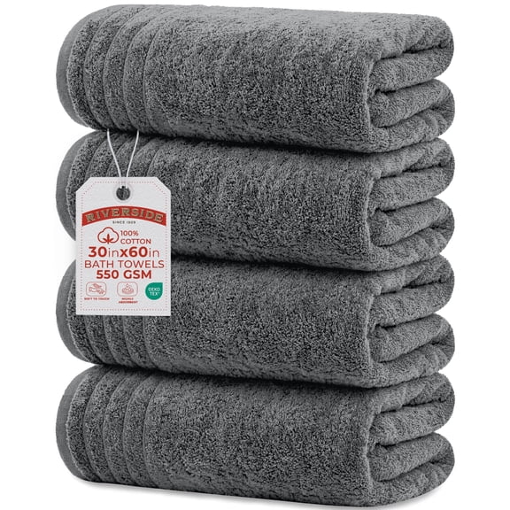RIVERSIDE Bath Towel 4 Pack 30x60 Soft Cotton Quick Drying Large Towels for Bathroom - Gray
