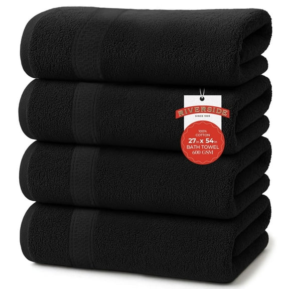 RIVERSIDE Ring Spun Cotton Bath Towels 27 x 54 Set of 4 Soft 600 GSM Highly Absorbent and Quick Dry - Black