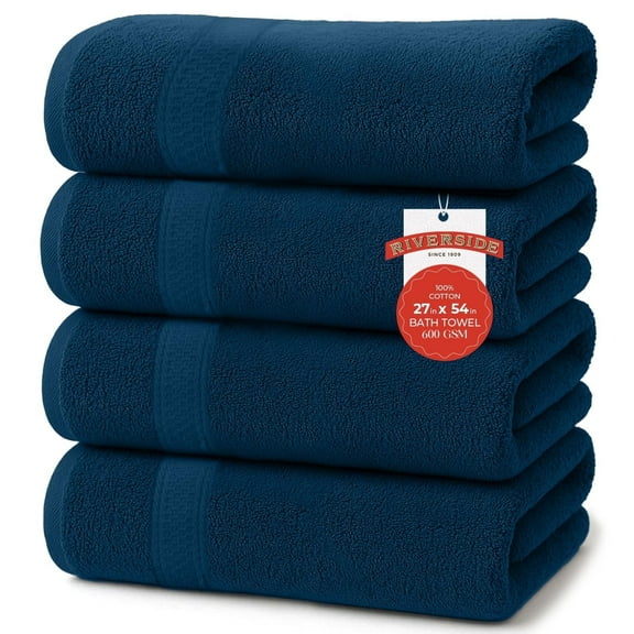 RIVERSIDE Ring Spun Cotton Bath Towels 27 x 54 Set of 4 Soft 600 GSM Highly Absorbent and Quick Dry - Dark Blue
