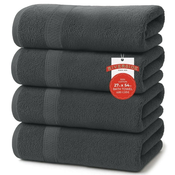 RIVERSIDE Ring Spun Cotton Bath Towels 27 x 54 Set of 4 Soft 600 GSM Highly Absorbent and Quick Dry - Gray