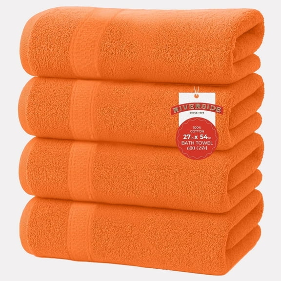 RIVERSIDE Ring Spun Cotton Bath Towels 27 x 54 Set of 4 Soft 600 GSM Highly Absorbent and Quick Dry - Orange
