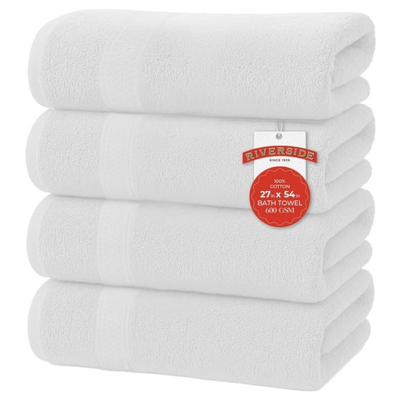 RIVERSIDE Ring Spun Cotton Bath Towels 27 x 54 Set of 4 Soft 600 GSM Highly Absorbent and Quick Dry - White