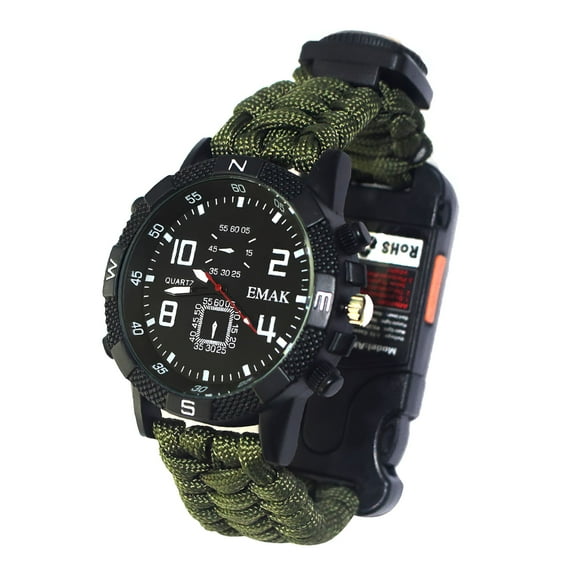 RIVONO Outdoor Multifunctional Watch Alloy Portable Survival LED Emergency Torch Light Rope Compass