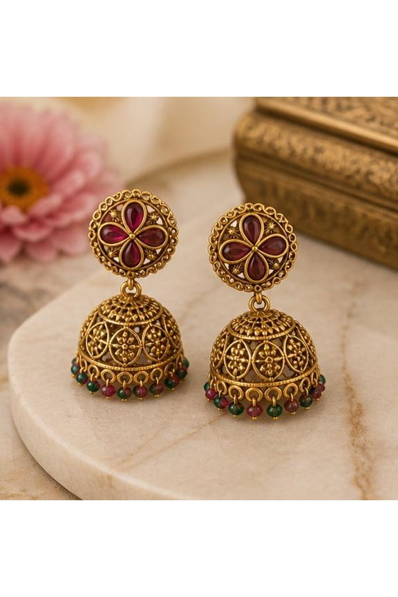 Ruby Floral Temple Jhumka Earrings