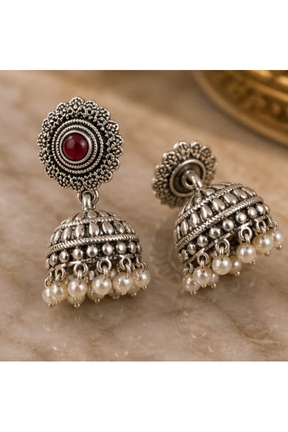Turquoise Oxidised Jhumka Earrings