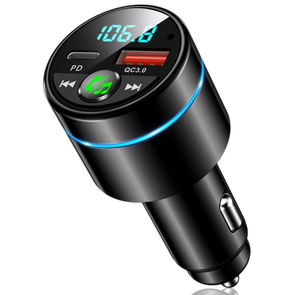 RIWUSI FM Transmitter for Car Bluetooth 5.3, [All-Metal] PD 30W & QC3.0 18W Fast Car Charger, Wireless FM Radio Kit Bluetooth Car Adapter, Noise Cancelling Hands-Free Call, Blue Light - Black