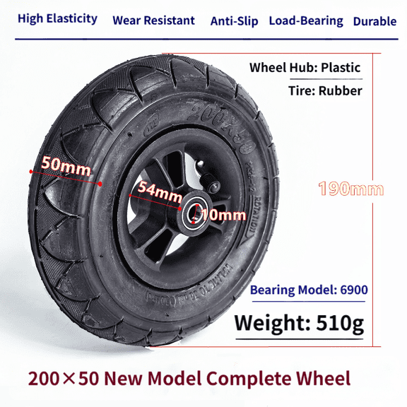 RIXUNO 200X50 8 Inch Inflatable Front Wheel Assembly with Pneumatic Rubber Tire and Precision Bearings for Electric Scooter Wheelcha 10mm