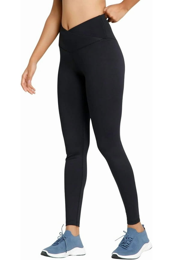 Crossover High Waisted Leggings Women's Yoga Pants Workout Clothes for Gym Activewear for Petite Sizes Black Large