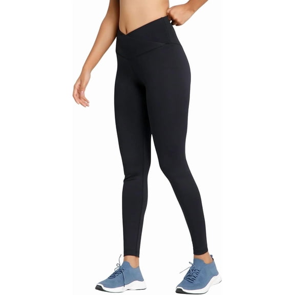 RIYU Crossover High Waisted Leggings Women's Yoga Pants Workout Clothes for Gym Activewear for Petite Sizes Black Medium