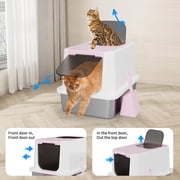 RIZZARI Enclosed Cat Litter Box Large Top & Front Entry - High-Sided Anti-Scatter Design - Stainless Steel Odor Control - Easy Clean Non-Stick Coating- Pink Litter Pan