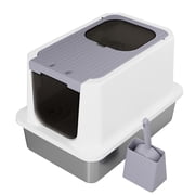 RIZZARI Enclosed Cat Litter Box Large Top & Front Entry - High-Sided Anti-Scatter Design - Stainless Steel Odor Control - Easy Clean Teflon Non-Stick Coating- Gray Litter Pan - Entryway/Closet Nook