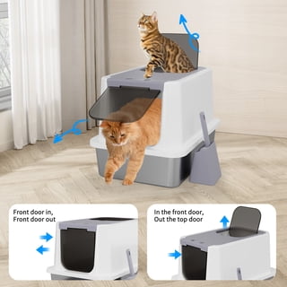 RIZZARI Enclosed Cat Litter Box: Large Top & Front Entry - High-Sided Anti-Scatter Design - Stainless Steel Odor Control - Easy Clean Teflon Non-Stick Coating- Gray Litter Pan - Entryway/Closet Nook