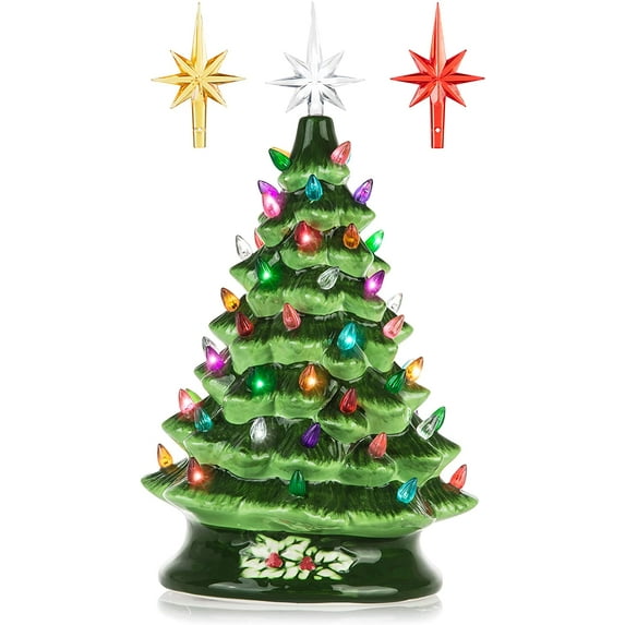 RJ Legend 15-Inch Ceramic Green Christmas Tree Decoration For Indoor & Outdoor Use - 50+ Multicolor LED Bulbs Halloween Tree - Handcrafted & Hand Painted - Glossy Premium Finish