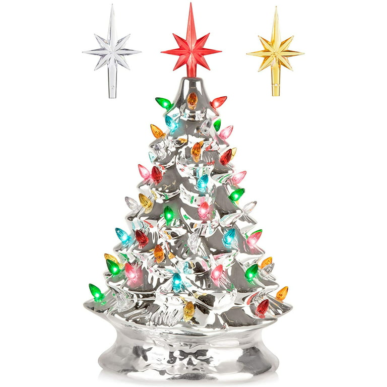 RJ Legend Christmas Tree, Handcrafted and Made with Ceramic, 50+ Decorative  Bulbs, LED Light - Light Champagne Silver, 15-Inch