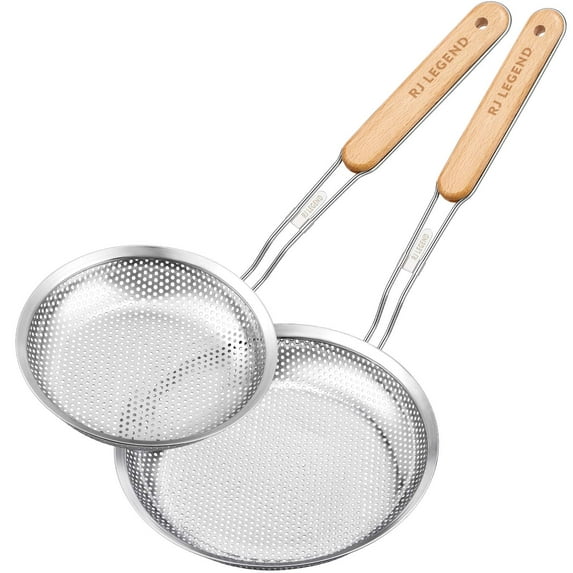 RJ Legend 304 Stainless Steel Micro-Perforated Skimmer Strainer, Pasta Noodle Net Basket With Wooden Handle, 2 Pieces Kitchen Utensil Set - 6.4-inch and 8-inch Slotted Spoon Set