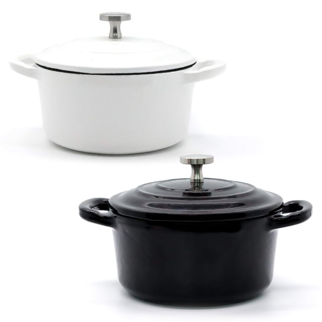 RJ Legend 8.5 Ounce Othello-Colored Cast Iron Pot, Enameled Cast Iron Mini Pot, Round Mini Cocotte, Cast Iron Set 2-Piece Black and White Cast Iron Pots, 5.5-Inch Cast Iron Pot with Lid