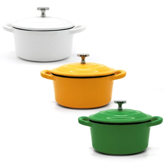 RJ Legend 8.5 oz Cast Iron Pot, Enameled Cast Iron Mini Pot, Round Mini Cocotte, 5.5-Inch Cast Iron Pot with Lid, 3-Piece Cast Iron Set - Green - White - Yellow