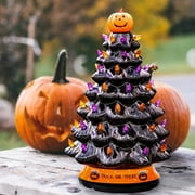 RJ Legend Ceramic Tree, 15" Halloween Handcraft Cordless with Pumpkin Head, LED Light Bulbs, - Black