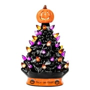 RJ Legend Ceramic Tree, 9" Handcraft Cordless with Pumpkin Head, LED Light Bulbs, - Black