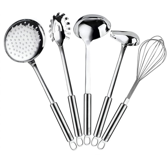 RJ Legend Kitchen Gadget 304 Stainless Steel 11.2 to 13.8 In. Length/2.4 to 4.3 In. Diameter Cooking Utensil Set with Gravy Ladle, Skimmer, Egg Beater, Spaghetti Server, Soup Ladle, Silver (Set of 5)