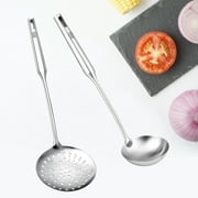 RJ Legend Kitchen Gadget Food Grade 304 Stainless Steel 15.2 In. Length/4.5 In. Diameter Slotted Spoon 2PC and 14.2 In. Length/3.7 In. Diameter Soup Ladle 2PC with Heat Resistant Handle , Silver