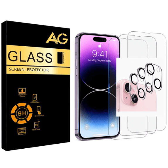 RJ-Merchs 3 Pack Screen Protector for iPhone 15 with 3 Pack Camera Lens Protector - Tempered Glass