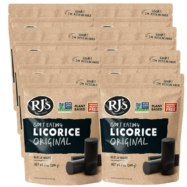 RJ's Soft Australian Licorice, Original Black Flavor, Resealable Bag, 7.05 Ounce (8-Pack) | Non-GMO, No Palm Oil, Plant Based | Soft & Chewy Licorice Candy, Batch Made in Australia