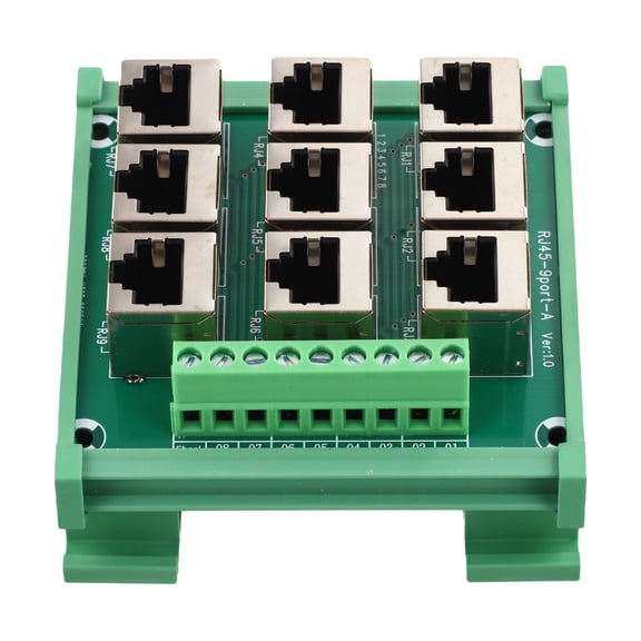 RJ45 9-Port Ethernet Terminal Block Adapter, 8P8C for breakout Board with Screw Terminals for DIN Rail Mounting, for DMX512, RS485, RS422, RS232, Green PCB Module for Industrial Control