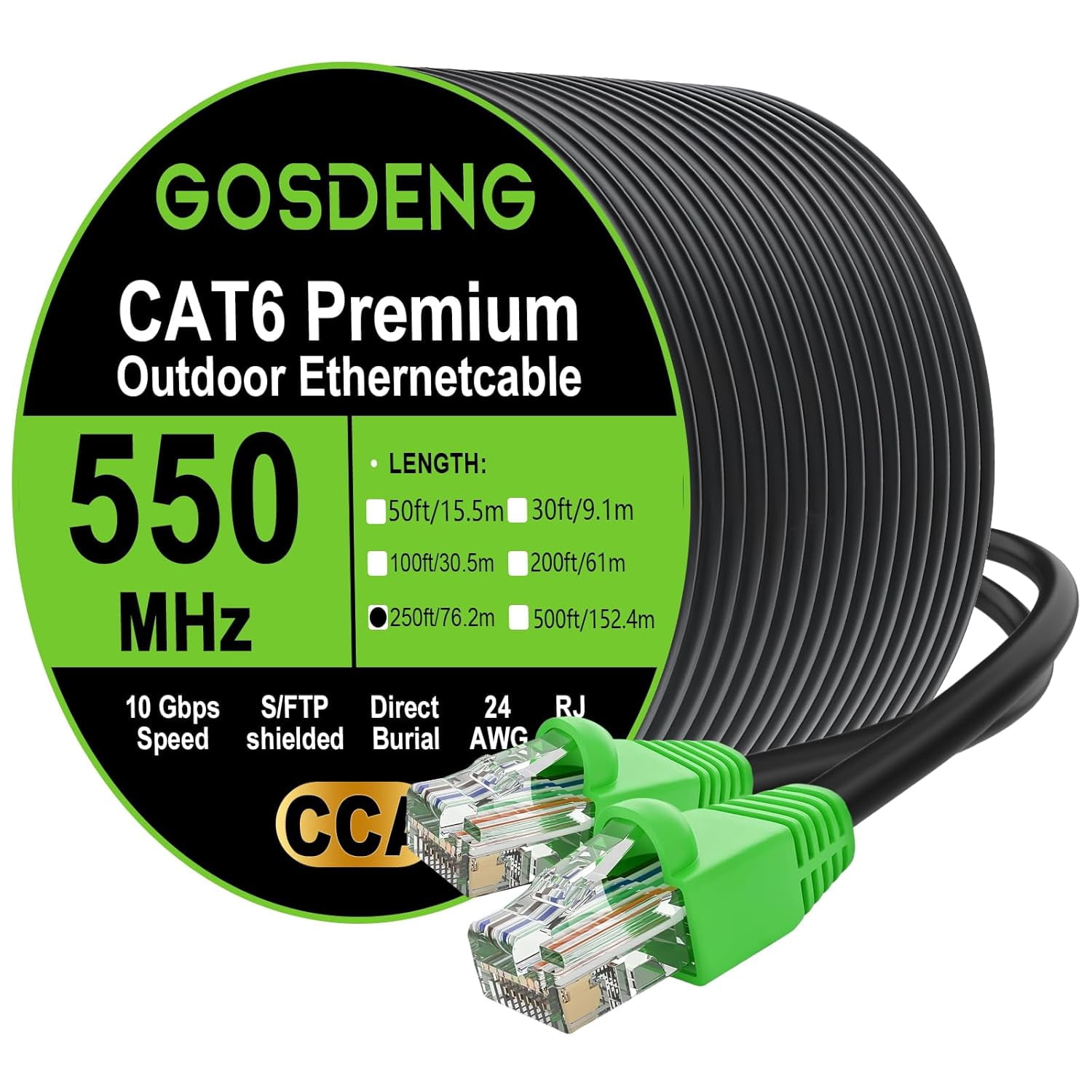 RJ45 Cat-6 Ethernet Patch Cable, 10Gpbs Transfer Speed, Gold-Plated Connectors, Copper-clad Aluminum, Outdoor, UV Resistant, Direct Burial, Waterproof, Durable, 250 Foot, Black