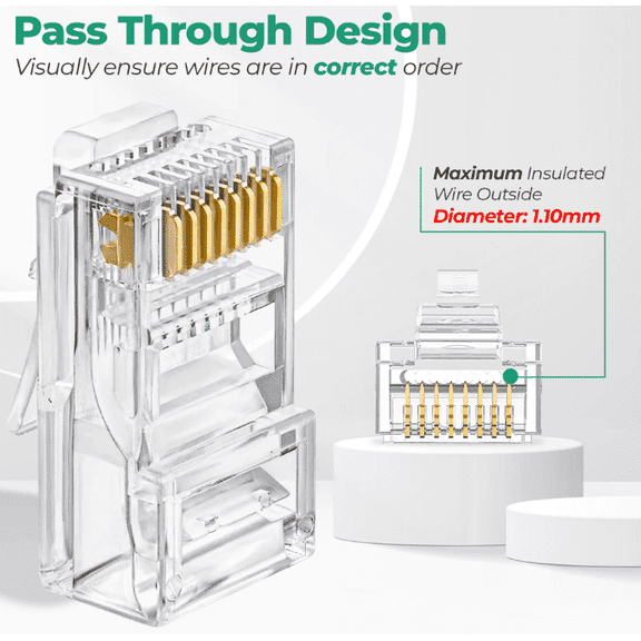RJ45 Cat6 Pass Through Connectors Pack of 100 | Clear Ethernet Plugs for Unshielded Twisted Pair Solid Wire & Standard Cables | Compatible with PC, Server, Router
