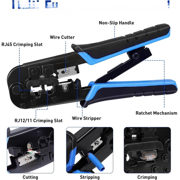 RJ45 Crimp Tool Ethernet Crimper Tool Kit Cat 6 Cat 5E Cat 5 Crimping Tool with Network Cable Tester, Wire Cutter Pliers, Mini Cable Stripper, 50 Pcs Cat 5E Connector and Strain Relief Boots$$