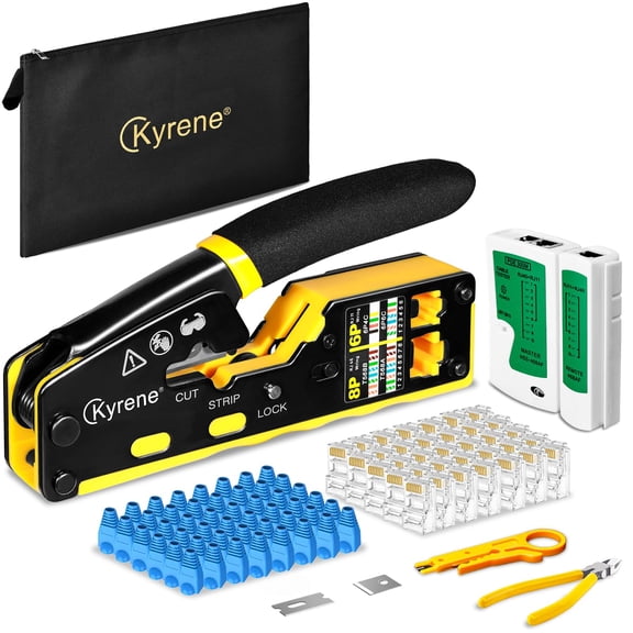 RJ45 Crimp Tool, Ethernet Crimping Tool Kit, Cat5 Cat5e Cat6 Crimping Tool Kit with RJ45 Pass Through Connectors