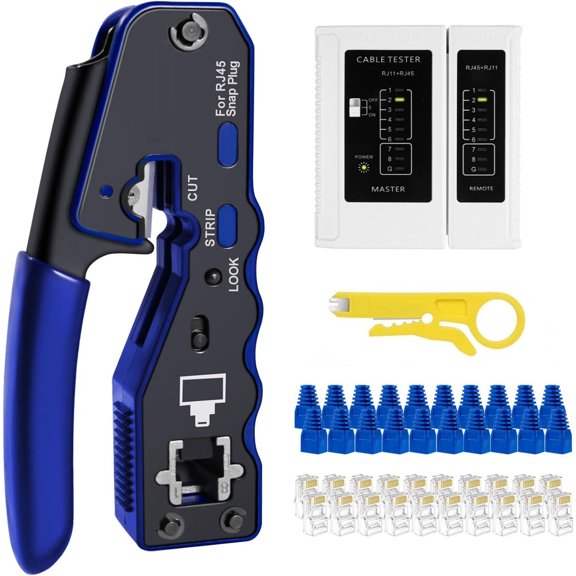 RJ45 Crimp Tool Kit Through Ethernet Cat6 Cat6a Cat5e Crimping Tool with 20PCS Cat6 Pass-Thru Connectors,20 Covers,1 Wire Cutter Plier,1 Mini Wire Stripper and 1 Network Cable Tester